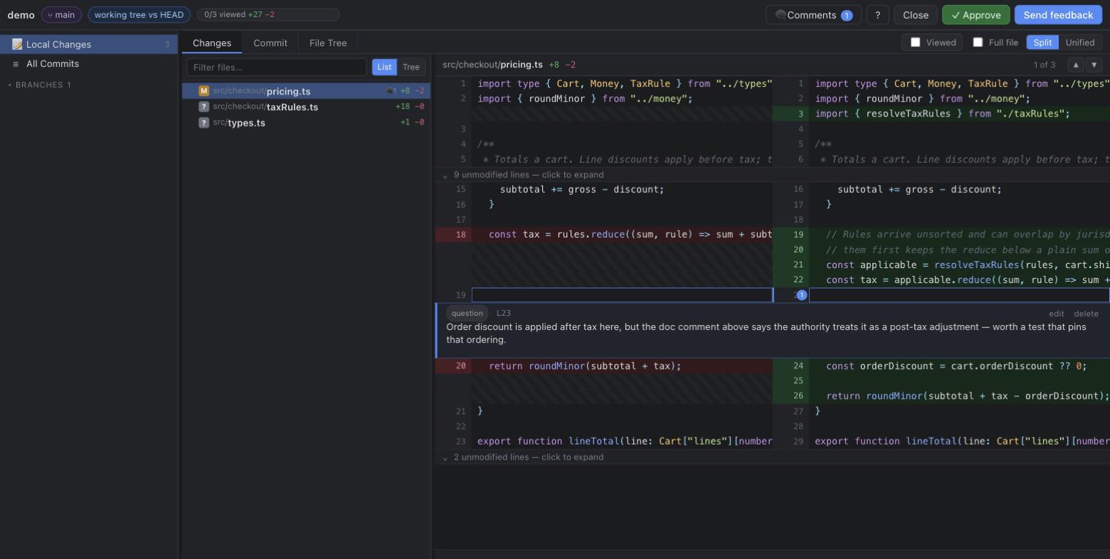 diffotator reviewing a TypeScript change: file list on the left, split diff on the right, and an inline review comment threaded under the line it discusses.