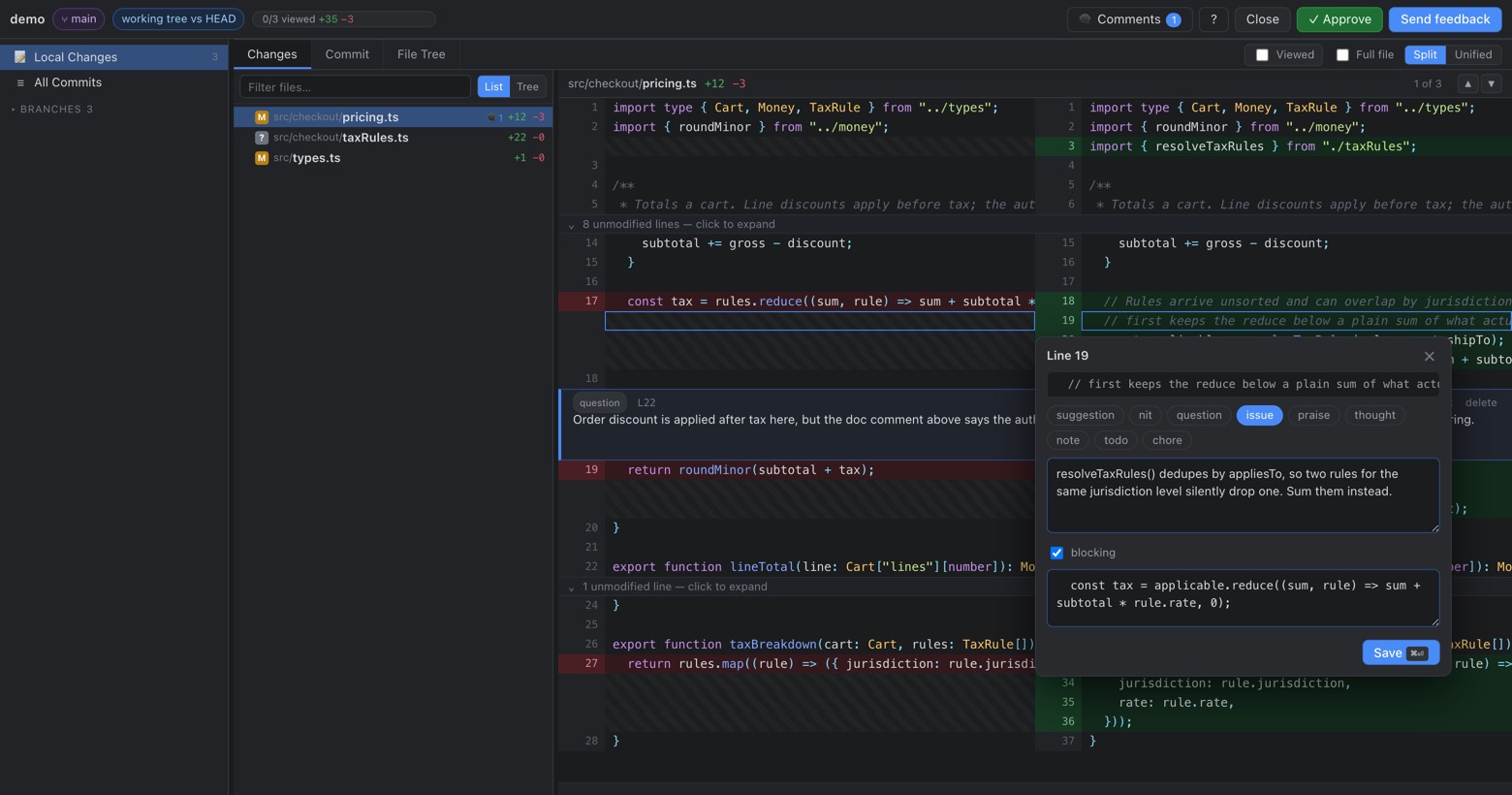 The comment popover open on a line: label chips, the comment body, a blocking checkbox and a suggested replacement.